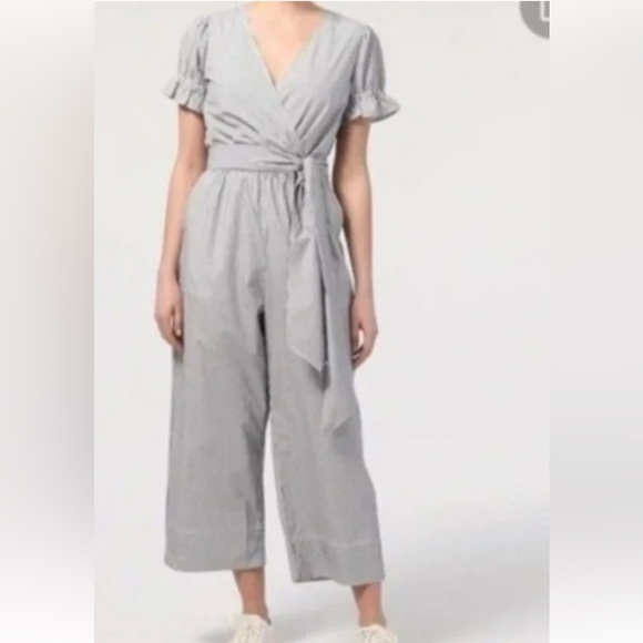 J.CREW COTTON STRIPED POPLIN TIE WAIST JUMPSUIT in greyish-blue and white stripe - Picture 2 of 11